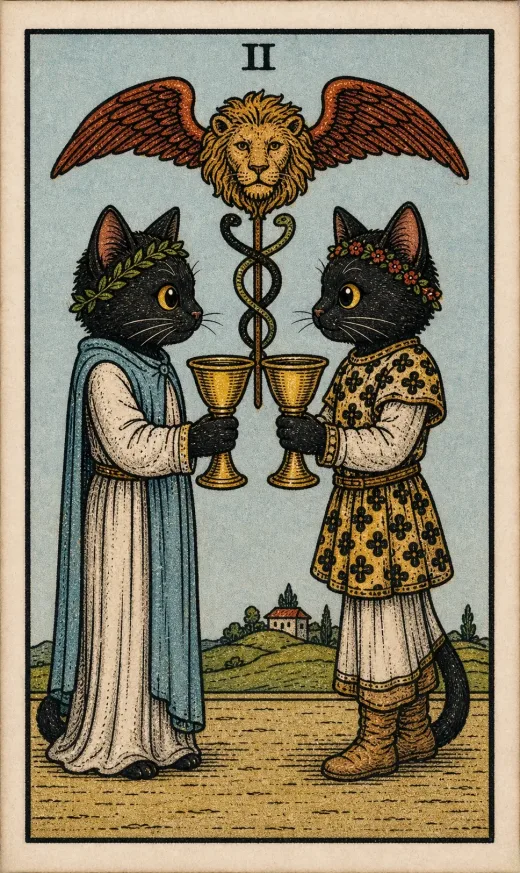 The Two of Cups from the Toe Bean Tarot deck, the card of connection.