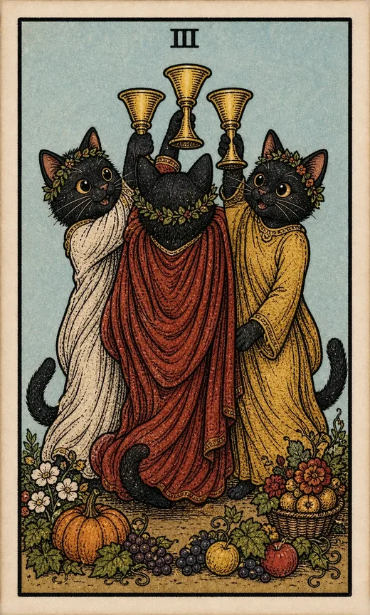 Pamela Colman Smith's Three of Cups re-drawn with cats in the Toe Bean deck: three black cats in white, red, and gold robes and flower crowns raise gold cups together over pumpkins, grapes, and apples.