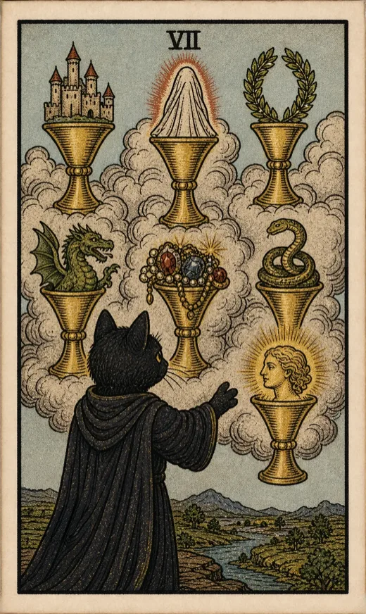 Seven of Cups from the Toe Bean Tarot deck, the card of wishful thinking when reading tarot for yourself.