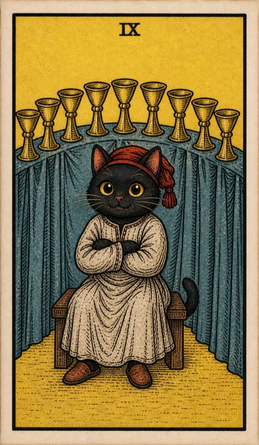 Nine of Cups from the Toe Bean Tarot deck.