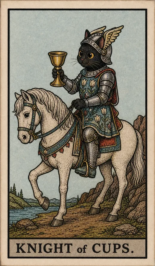 The Knight of Cups from the Toe Bean Waite deck, a black cat knight holding out a gold cup.