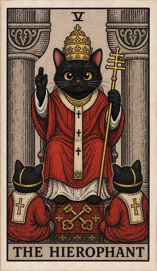 The Hierophant card from the Toe Bean Tarot deck: a black cat in a triple crown seated between two pillars, with crossed keys and two kneeling ministers, a common image behind the question, is tarot a religion.