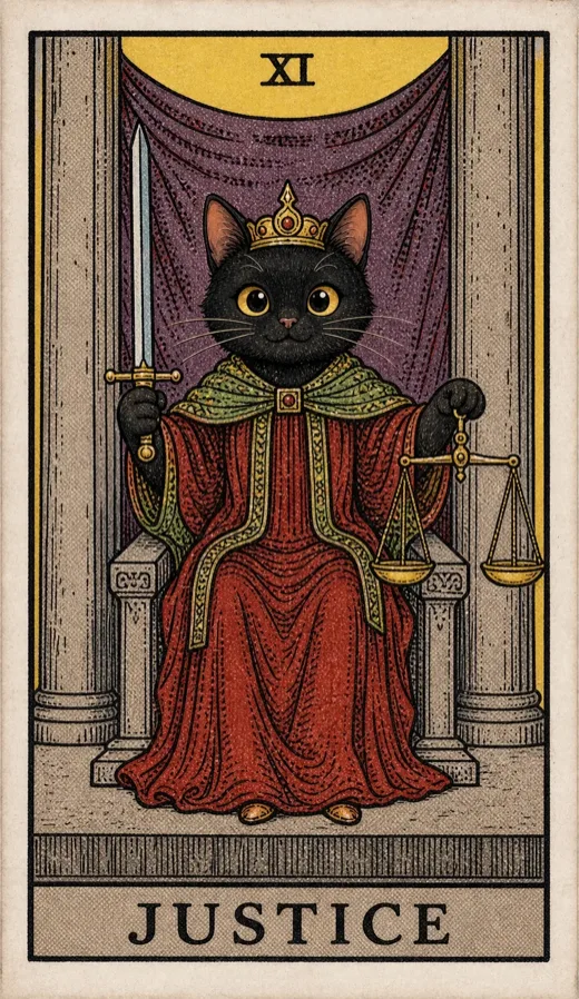 Justice from the Toe Bean Tarot deck, weighing a yes or no tarot question.