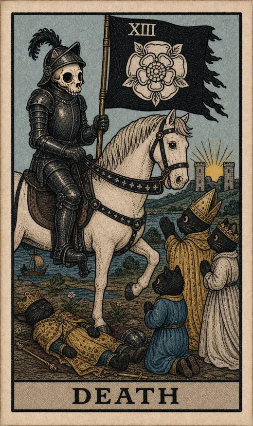 The Death tarot card from the Toe Bean Tarot deck, a skeletal rider with a white rose banner.