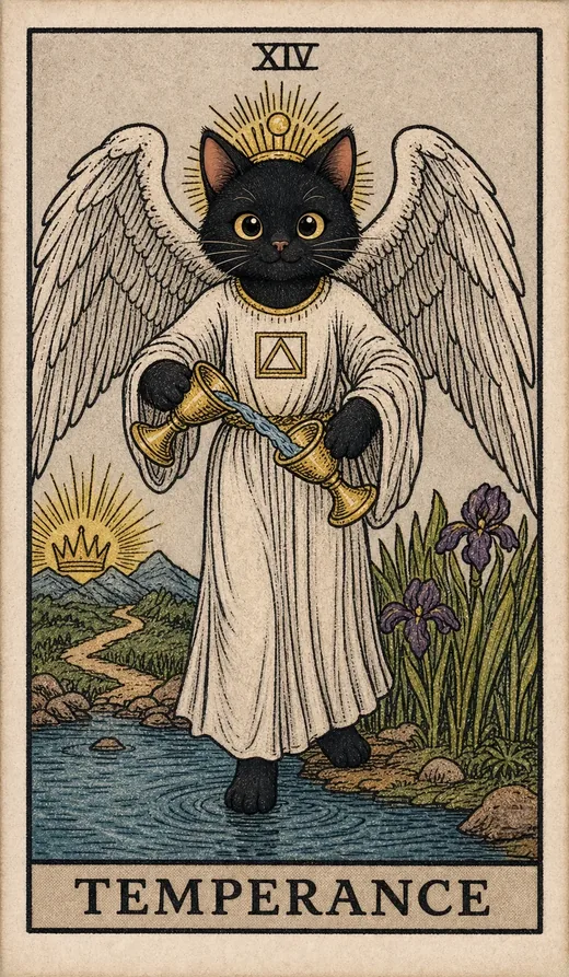 Temperance from the Toe Bean Waite deck, a winged black cat pouring water between two cups.