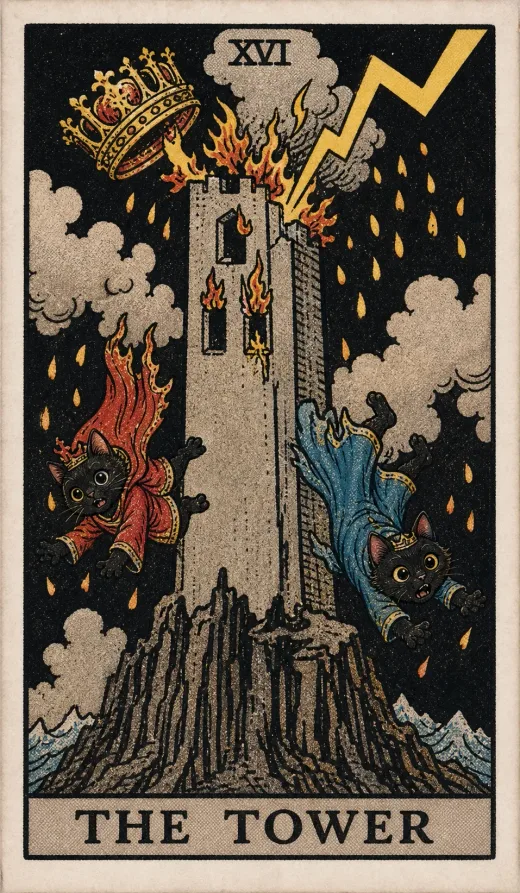 The Tower tarot card from the Toe Bean Tarot deck, lightning striking a tall tower.