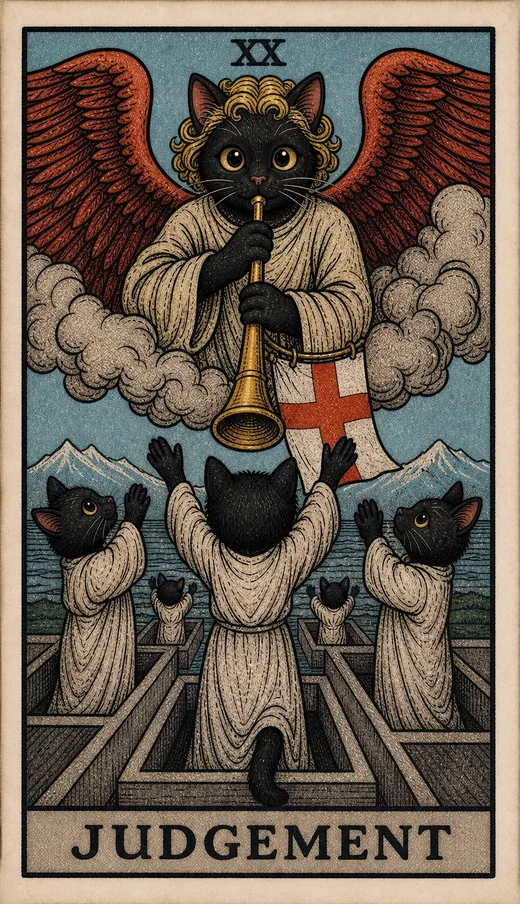 Judgement from the Toe Bean deck: a winged black cat angel blows a gold trumpet over robed cats rising from open coffins with their paws raised.
