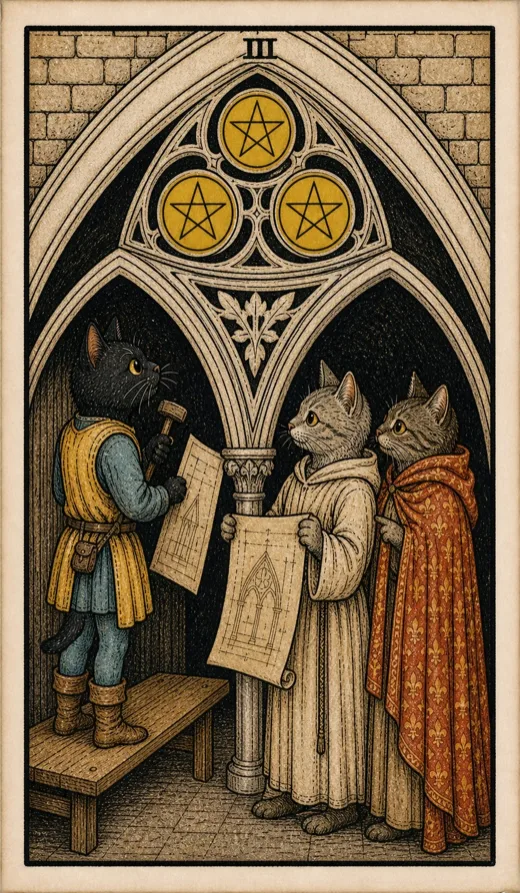 Three of Pentacles from the Toe Bean Tarot deck.