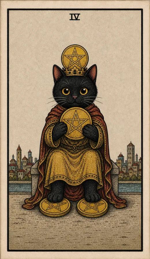 The Four of Pentacles from the Toe Bean Waite deck, a black cat clutching gold coins tightly, the right instinct for anyone learning how to store tarot cards.