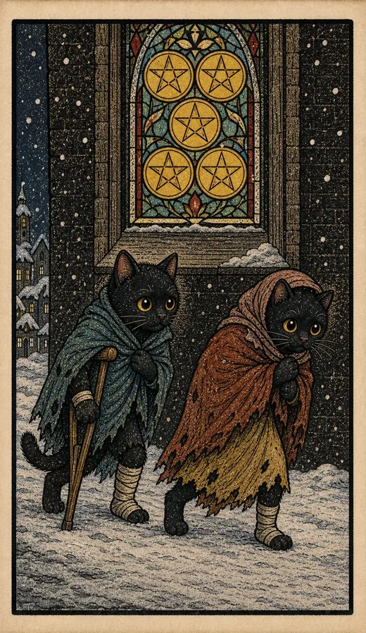 Five of Pentacles from the Toe Bean deck: two ragged black cats, one on a crutch with bandaged paws, limp through snow past a lit stained-glass window of five pentacles.
