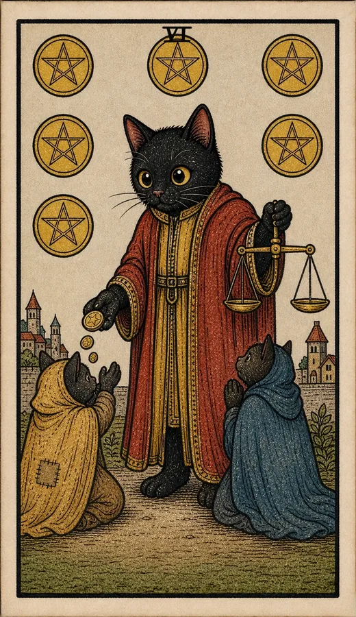 The Six of Pentacles from the Toe Bean Waite deck, a black cat handing out coins with a set of scales, a card about gifts, and you can still buy your own tarot deck.