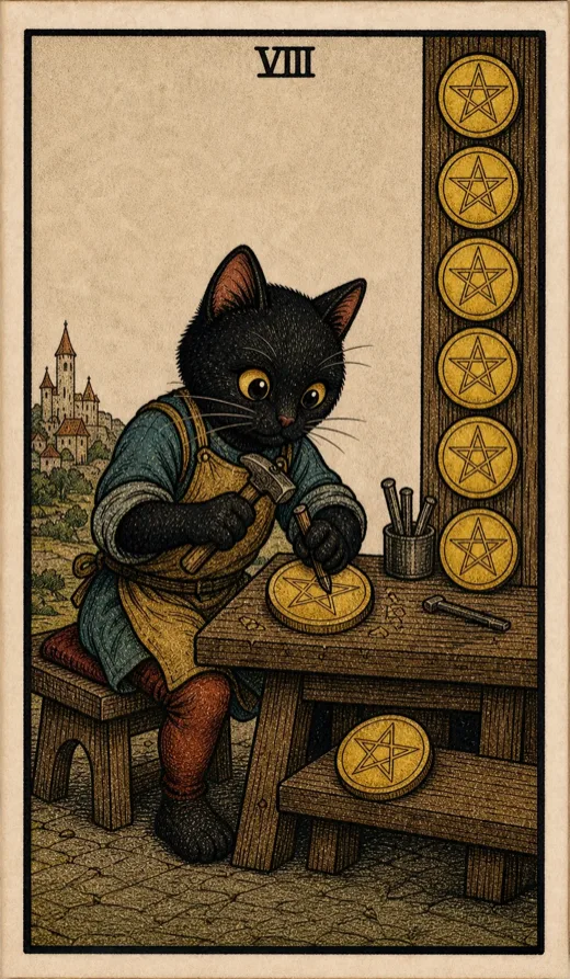 Eight of Pentacles from the Toe Bean Tarot deck, the craftsmanship card behind most career tarot spreads.