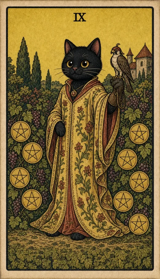 The Nine of Pentacles from the Toe Bean Tarot deck.