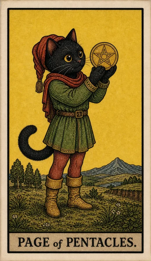 The Page of Pentacles from the Toe Bean deck: a black cat in a green tunic and red cap holding up a gold coin against a yellow sky.