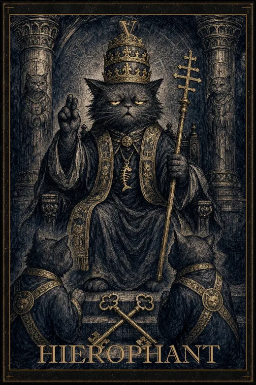 The Hierophant from the Salty Bean deck: a scowling gray cat in a papal crown on a dark throne, etched in ink and gold, holding a triple cross while two robed cats kneel below.