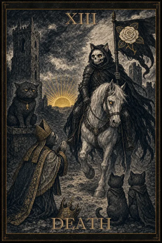 The Death card from the Salty Bean tarot deck, in etched ink and gold.