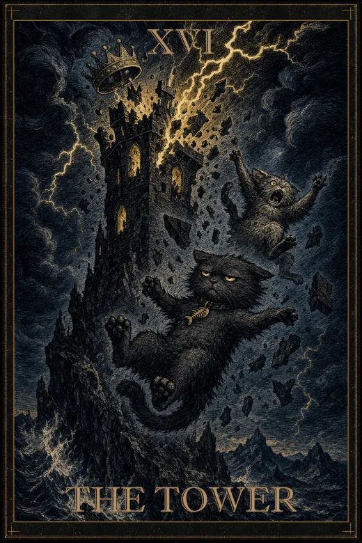 The Tower reversed, an upside down tarot card from the Salty Bean deck.