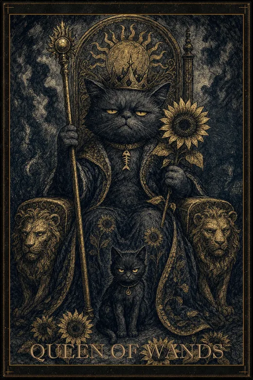 Queen of Wands from the Salty Bean deck: an unimpressed gray cat in a crown, etched in ink and gold, with a scowling kitten at her feet.
