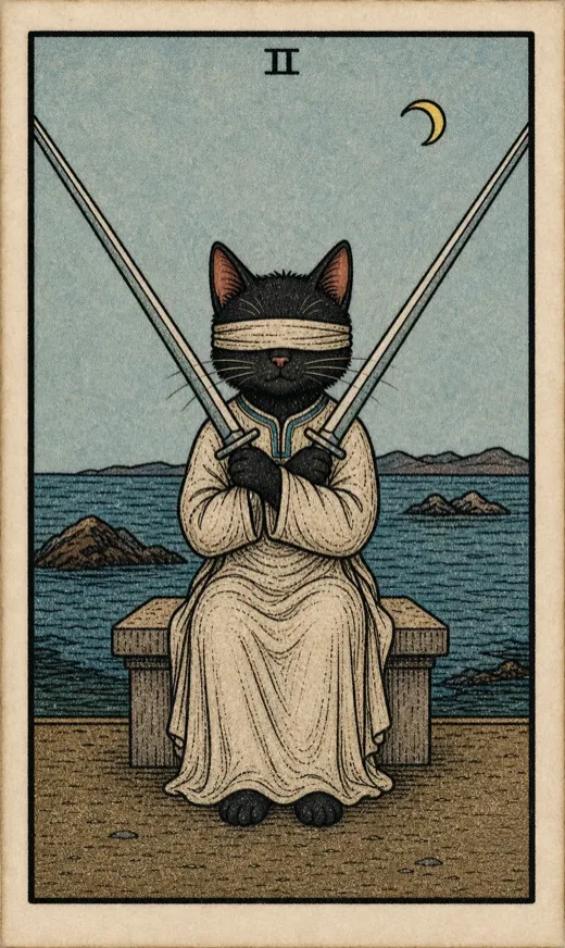 Two of Swords from the Toe Bean Tarot deck, a stalled decision of the kind the Celtic Cross tarot spread is built for.