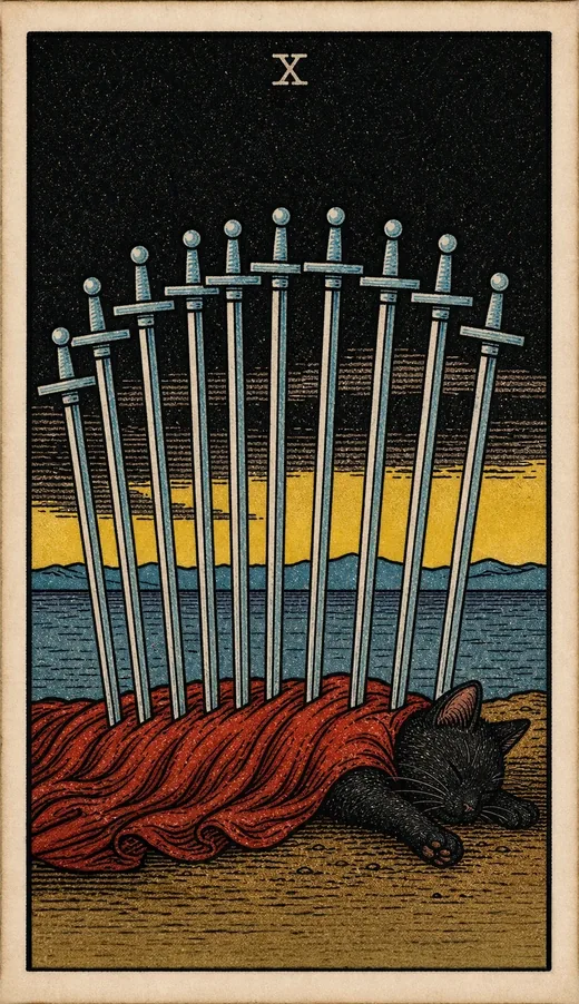 Ten of Swords from the Toe Bean deck: a black cat lies under a red cloak with ten swords standing in its back, a yellow dawn breaking over dark water.