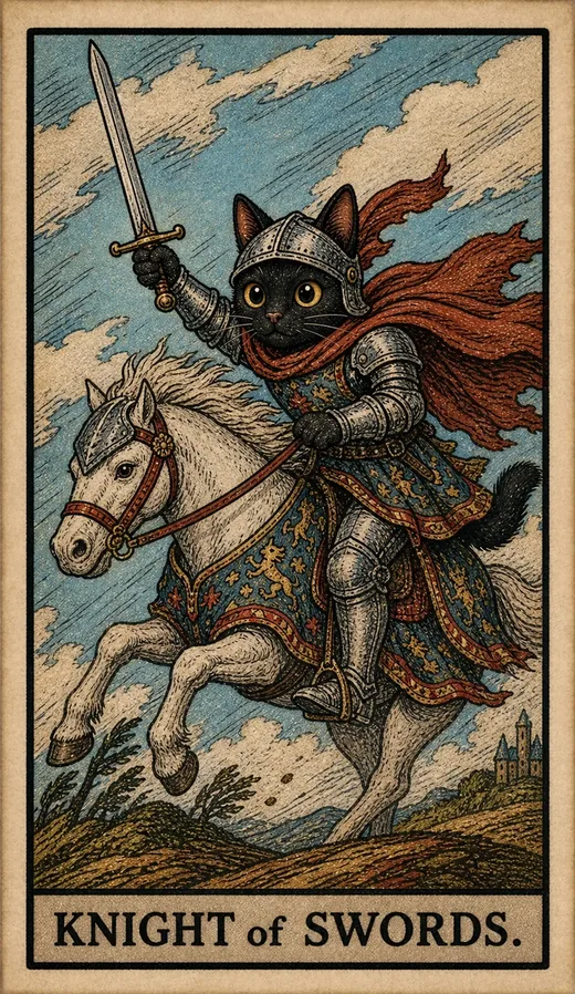 The Knight of Swords from the Toe Bean Waite deck, a black cat knight charging with a raised sword.