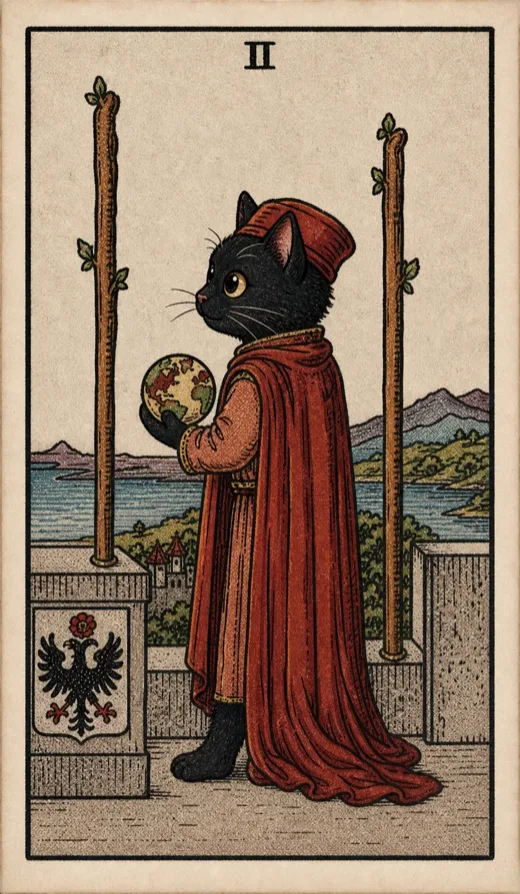 Two of Wands from the Toe Bean Tarot deck.
