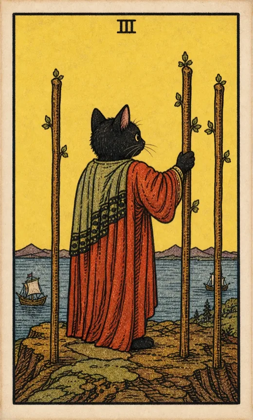 Three of Wands from the Toe Bean Tarot deck.