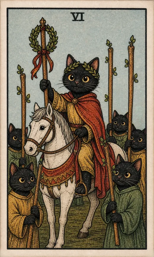 The Six of Wands from the Toe Bean Tarot deck, the suit's victory card.