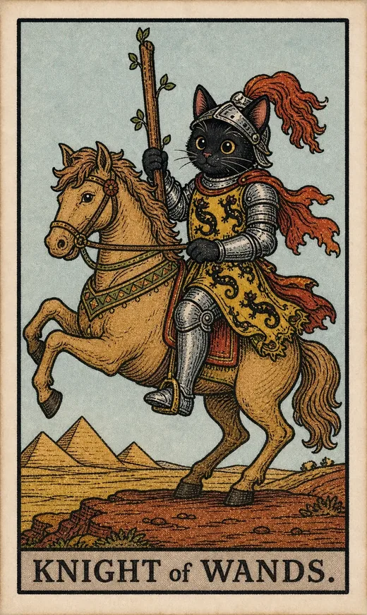 The Knight of Wands from the Toe Bean Waite deck, a black cat in armor riding forward with a wand.