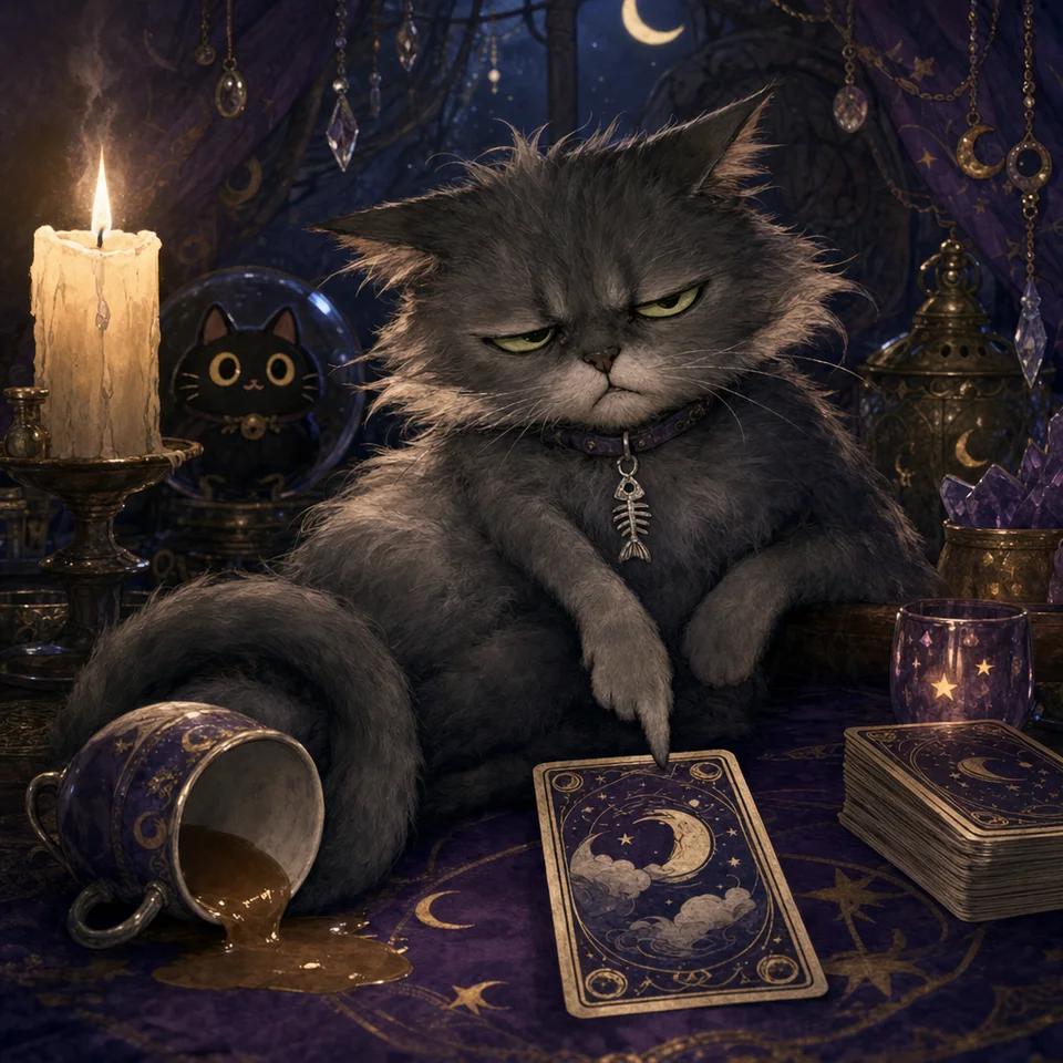 Salty Bean, a grumpy grey cat, glaring at a tarot card beside a knocked-over teacup.