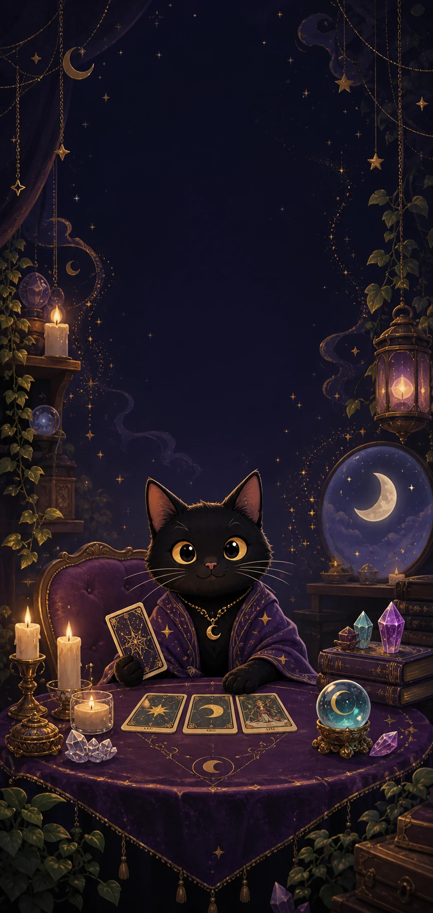 Toe Bean, a black cat tarot reader in a candlelit mystical room.