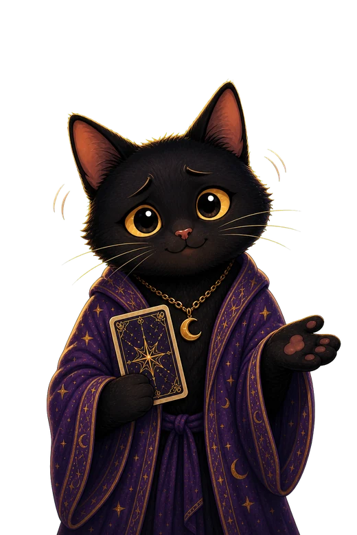 Toe Bean, a small black cat in a purple starfield robe, holding a tarot card face down and giving a small, worried shrug.