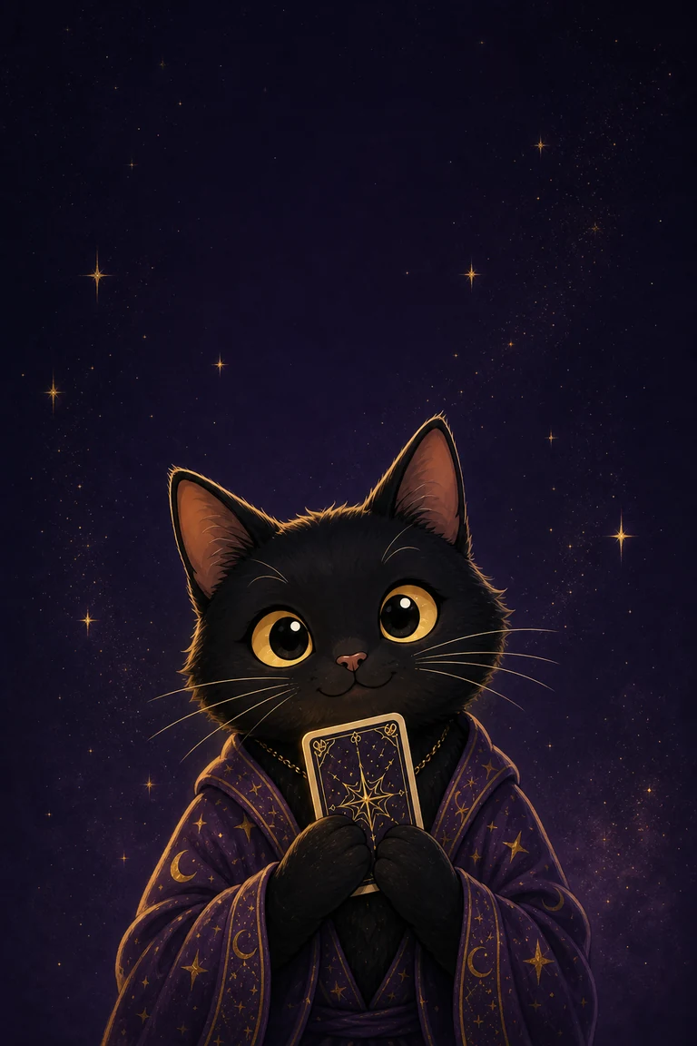 Toe Bean holding a tarot card against a starry backdrop.