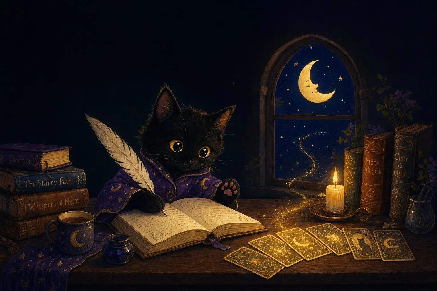 Toe Bean, a black cat in a purple starfield robe, writing tarot articles in a journal by candlelight.