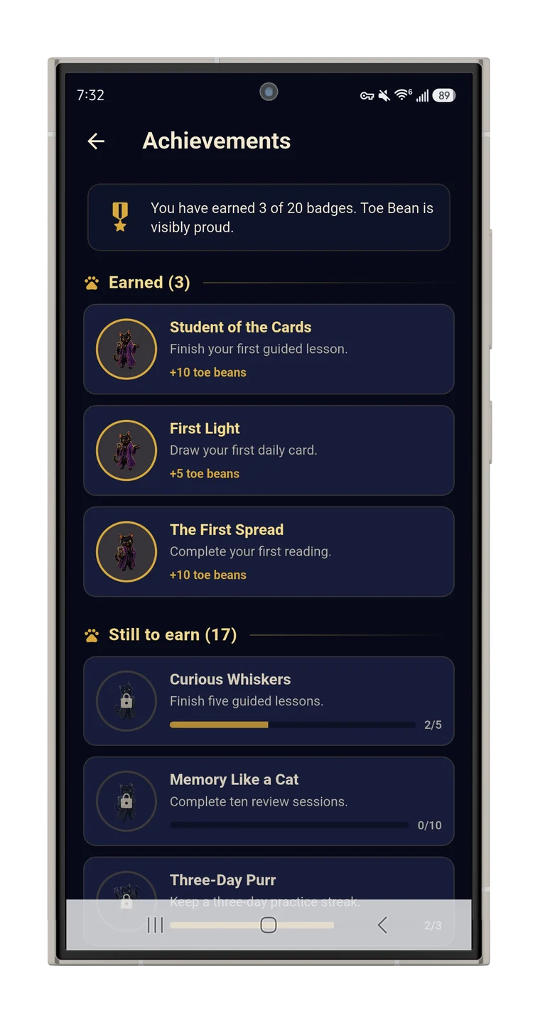 Achievements screen in Toe Bean Tarot.
