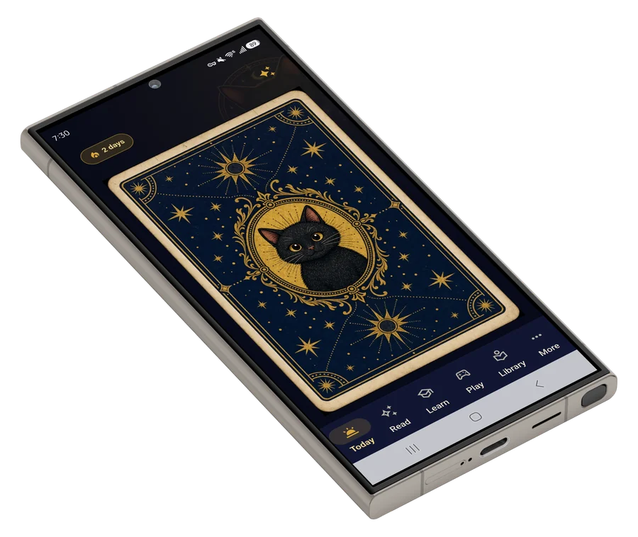 Toe Bean Tarot daily card screen shown in an angled Samsung phone mockup.