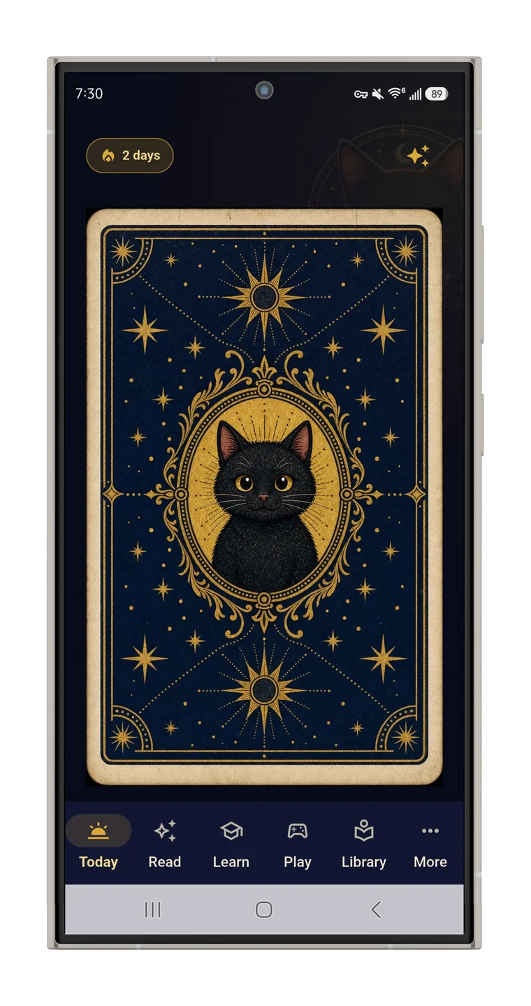 Daily card reveal screen in Toe Bean Tarot.