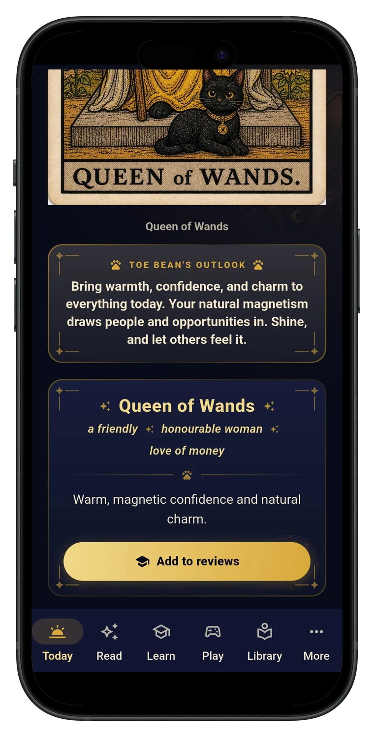 A daily outlook reading in the Toe Bean Tarot app.