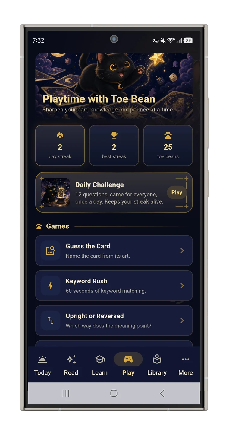 Tarot games menu in Toe Bean Tarot.