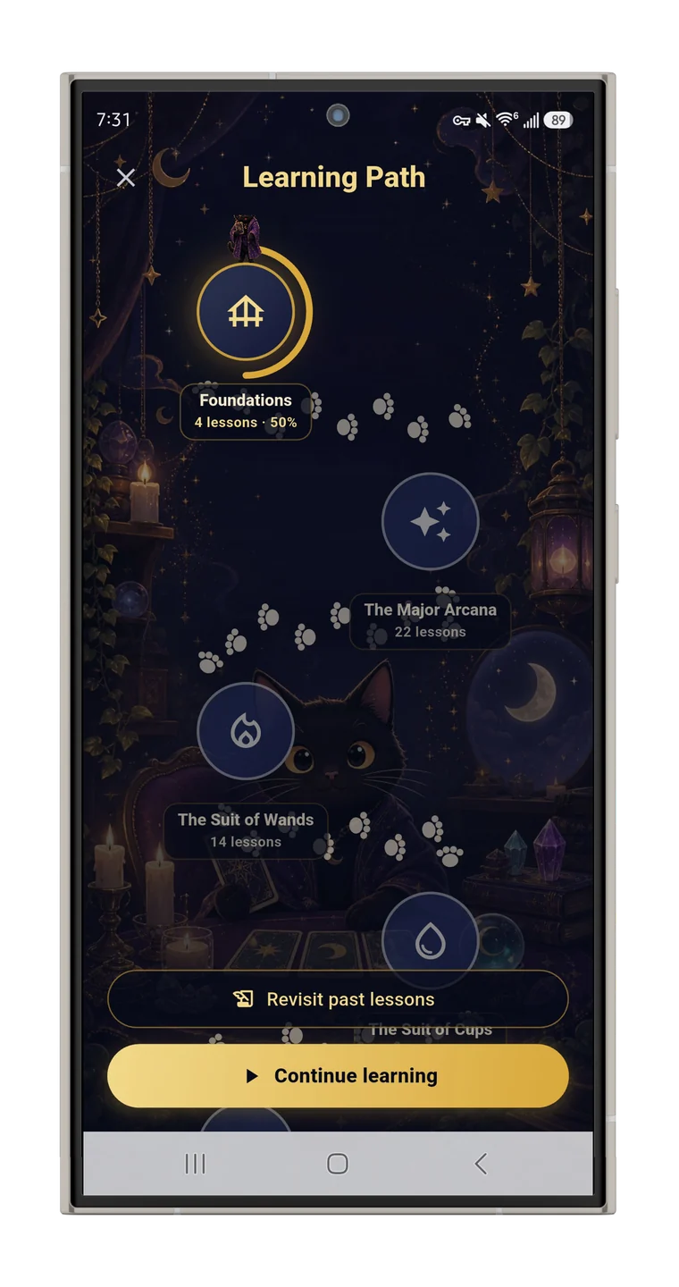 Structured learning path screen in Toe Bean Tarot.