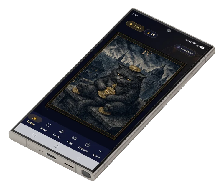 Toe Bean Tarot Today tab showing a Salty Bean Tarot daily card in an angled phone mockup.