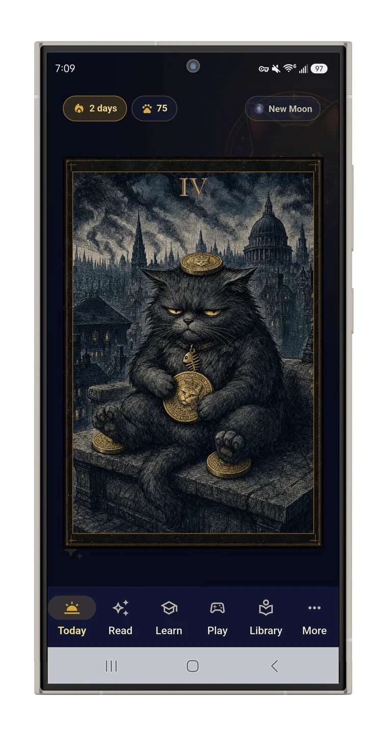 A daily tarot card on a phone in the Toe Bean Tarot app, with Salty Bean presiding.