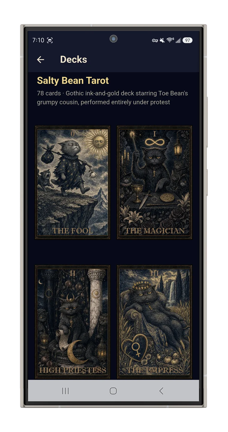 Decks screen showing the unlocked Salty Bean Tarot deck with gothic card art.