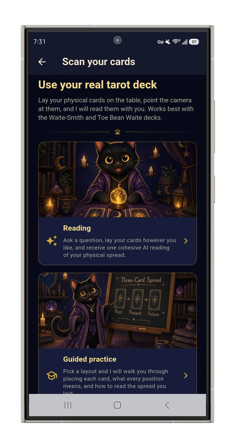 Scan your real cards screen in Toe Bean Tarot.